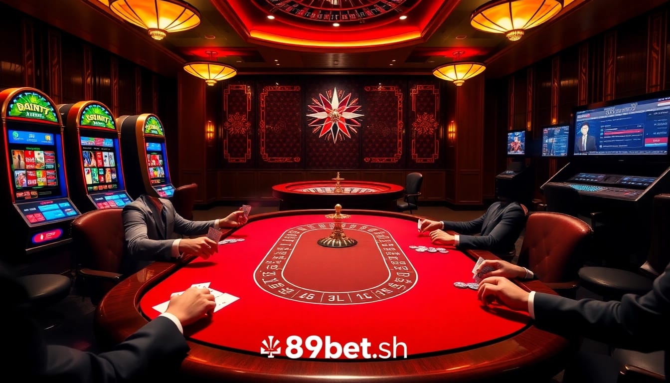 Players betting at a poker table in a luxurious casino featuring 89bet.sh gaming elements.
