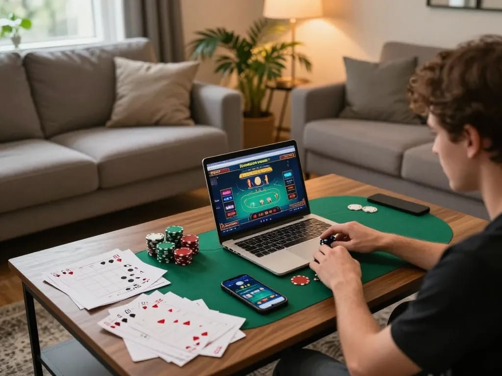 Engaging with x88 online poker on a cozy laptop setup, revealing dynamic home gaming.