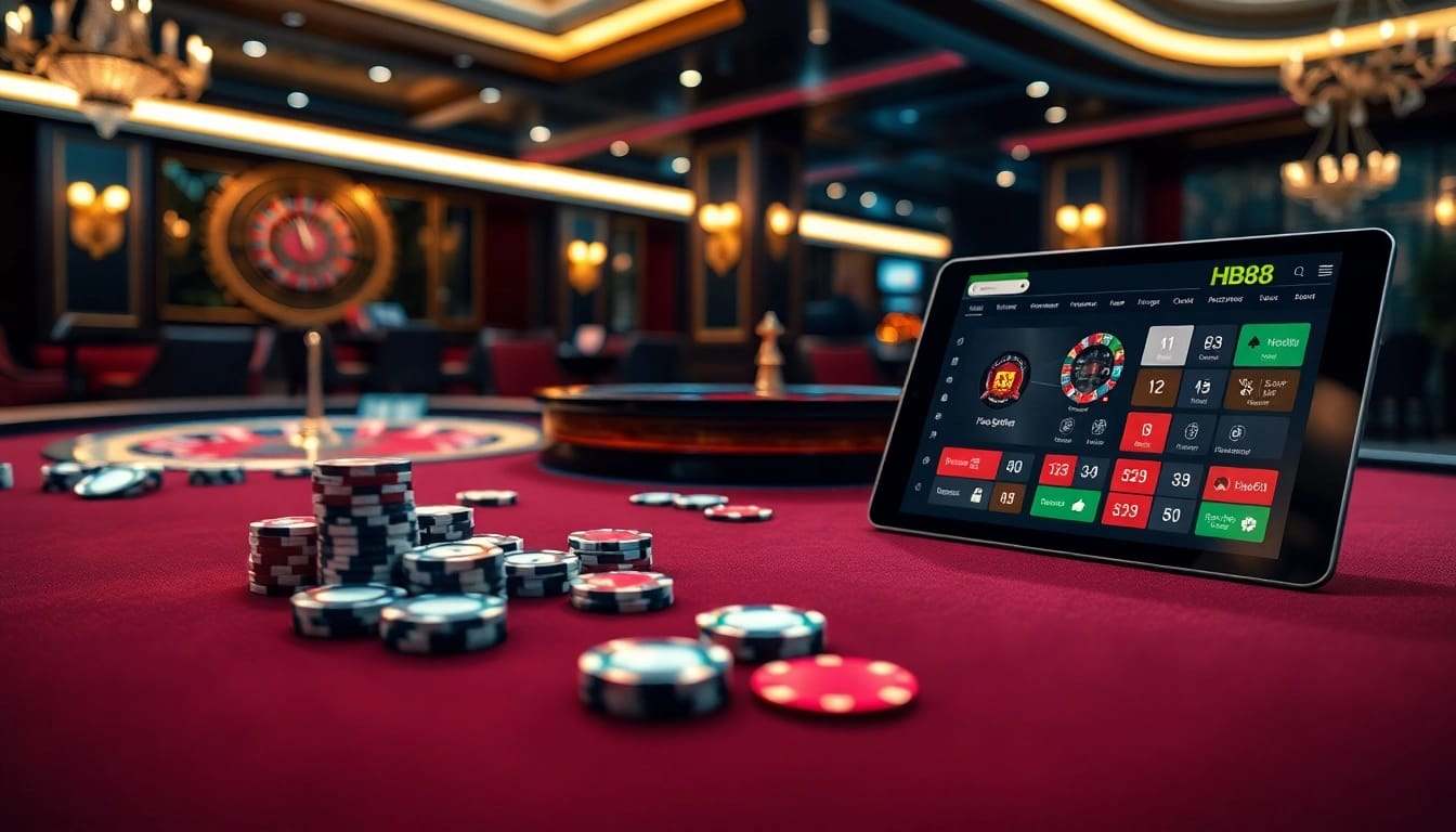 Experience thrilling games at HB88 with luxurious gaming tables and vibrant casino decor.