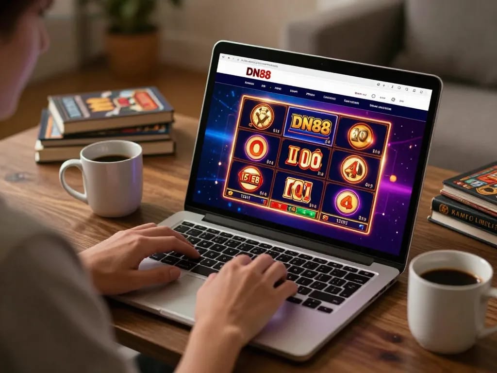 Engaging gameplay on DN88 slot games showcased in a cozy home environment with strategic elements.