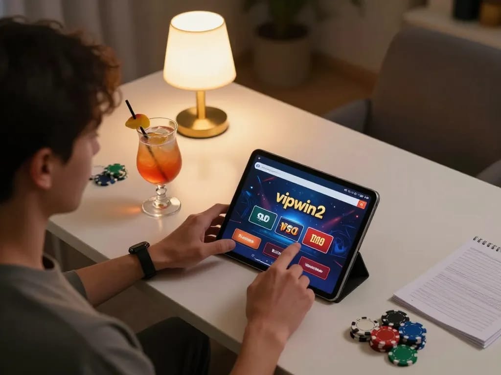 Person enjoying engaging gameplay on vipwin2 mobile app, showcasing a vibrant home gaming setup