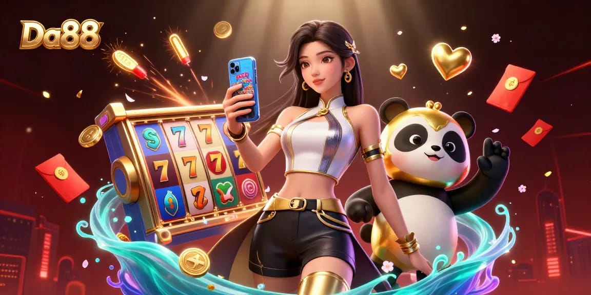 Engage in winning strategies at Da88 with vibrant slot reels, captivating characters, and festive elements.