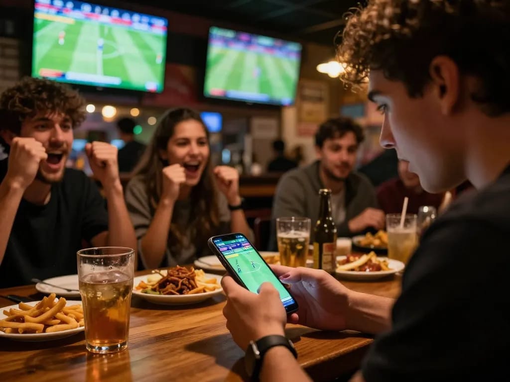 Monitor live kết quả bóng đá through a smartphone while enjoying drinks with friends at a sports bar
