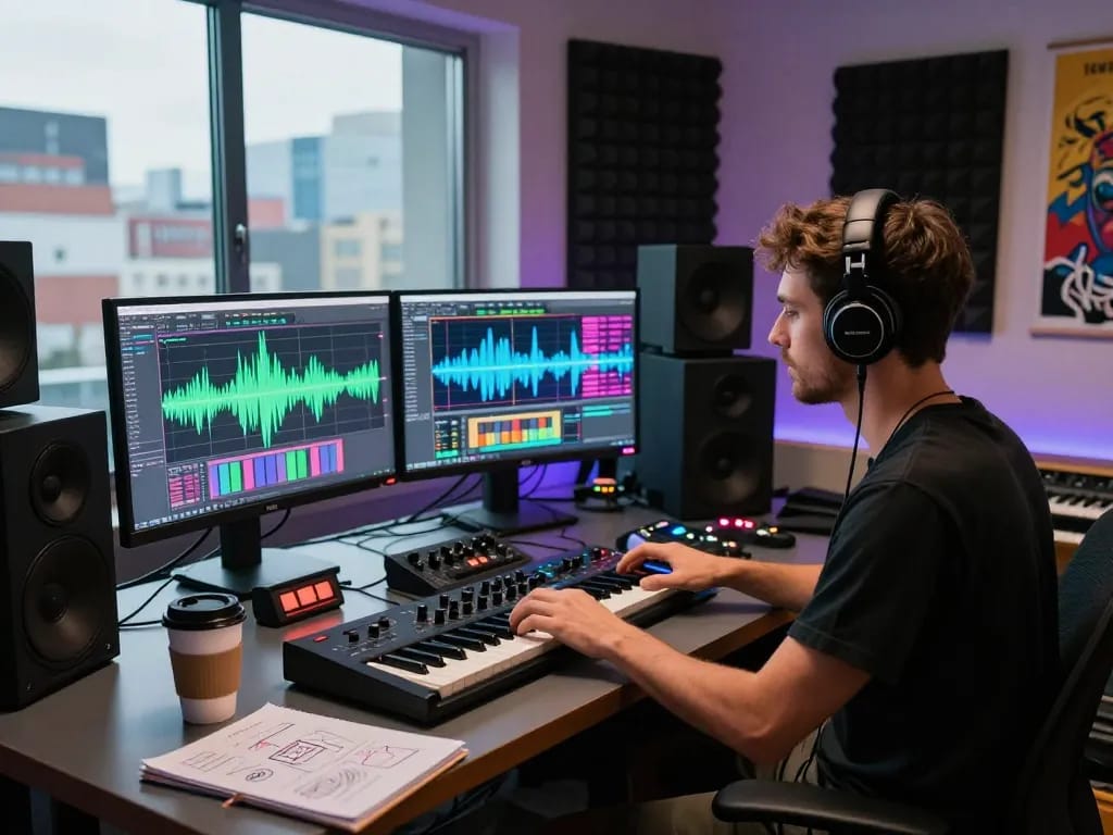 DJ at a modern studio creating music with 8Day production tools, showcasing creativity and inspiration.