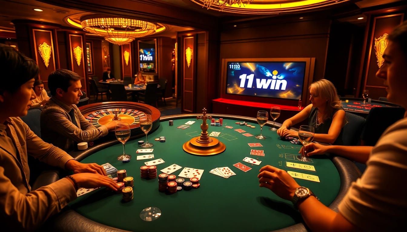 Action-packed casino environment featuring 11win-themed poker games and vibrant betting elements.