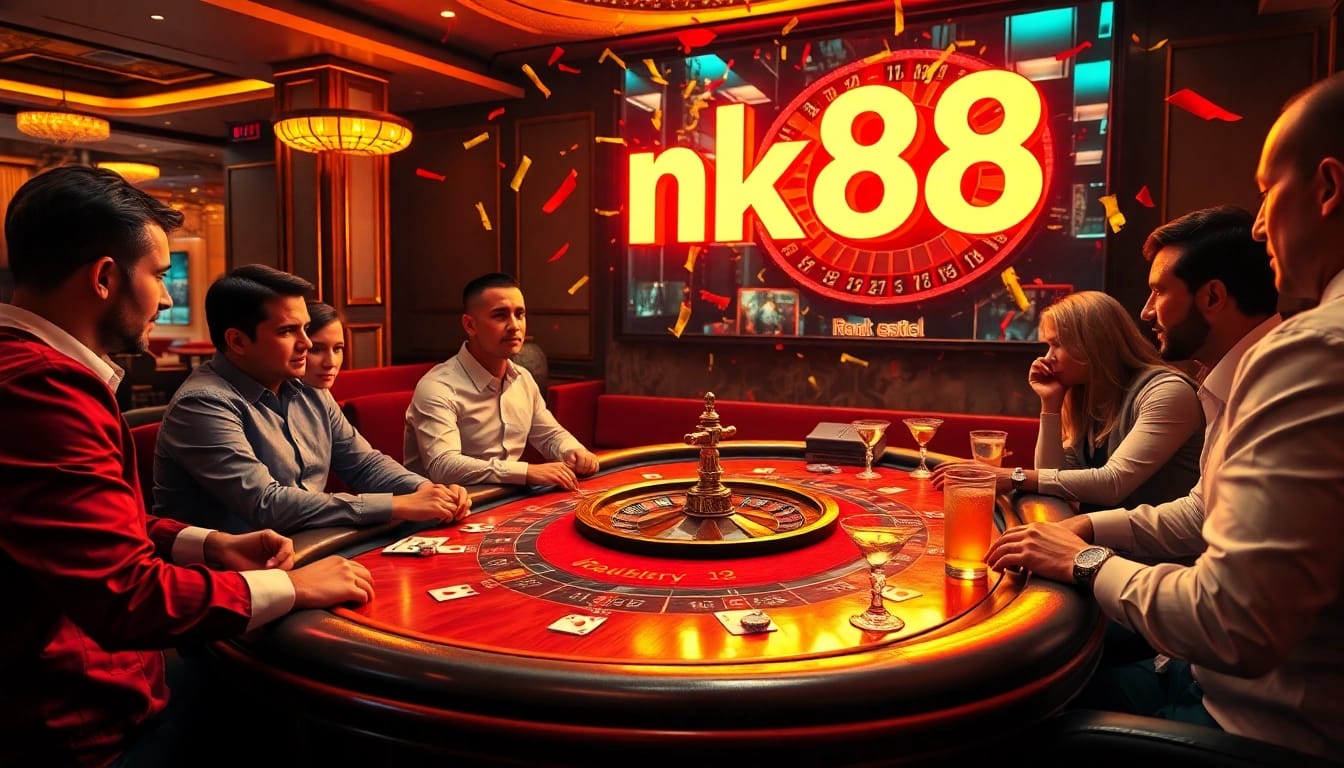 Experience thrilling casino gaming at nk88 with players around a blackjack table.