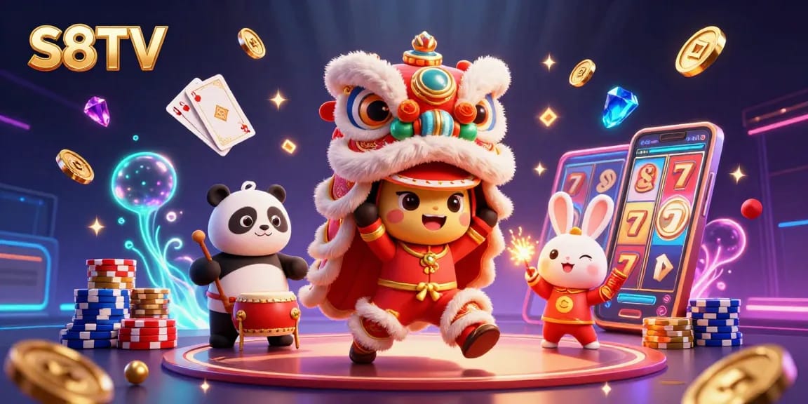 S8TV's vibrant casino-themed illustration features a lively lion dance, drumming panda, and colorful poker elements.