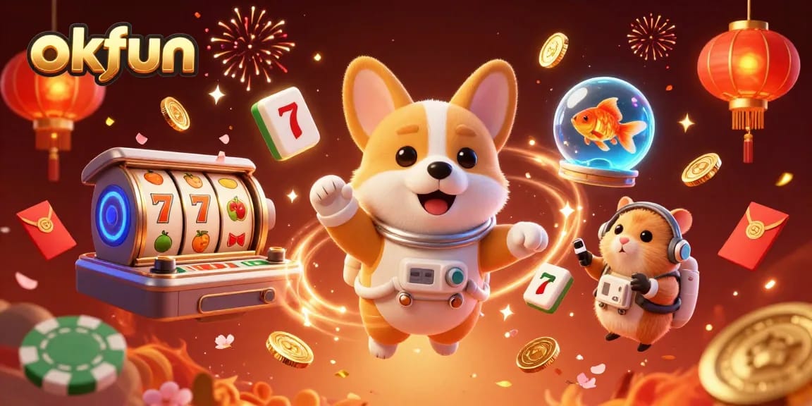 Experience the excitement of okfun casino with floating slot reels and animated characters in a vibrant space scene.