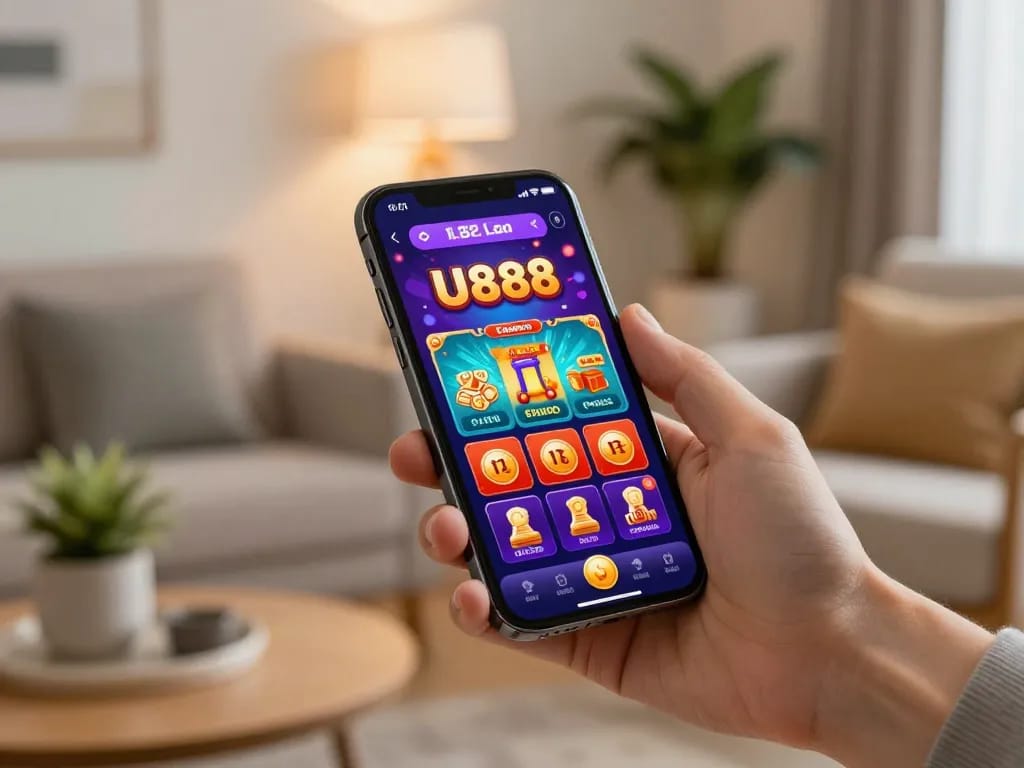 Engaging with the U888 casino app for a cozy online gaming experience at home.