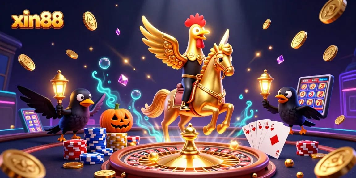 Experience thrilling xin88 casino action with a golden rooster and treasures in a vibrant 3D scene.