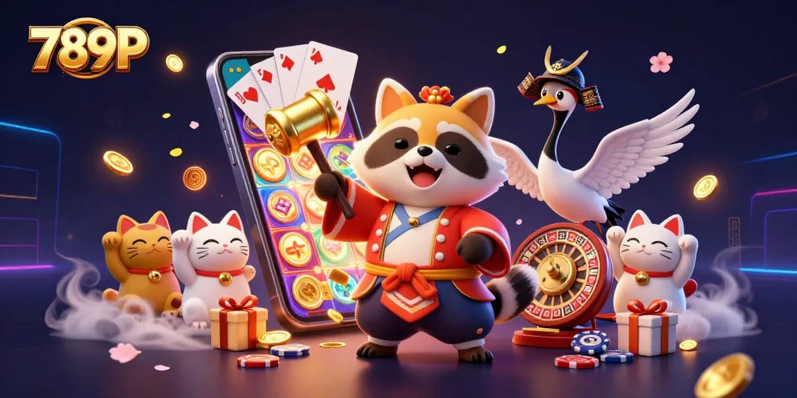 Experience the excitement of gambling at 789P casino with a cheerful tanuki and lucky symbols.