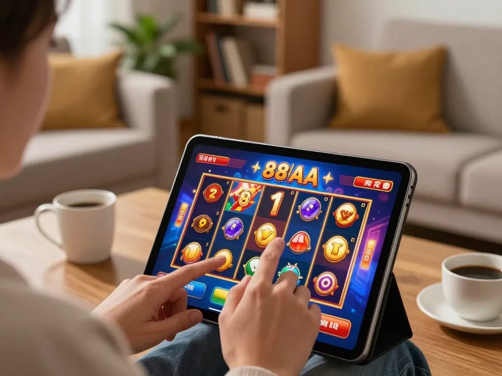 Engaging online gaming experience with link 88aa displayed on a tablet during cozy home gameplay.