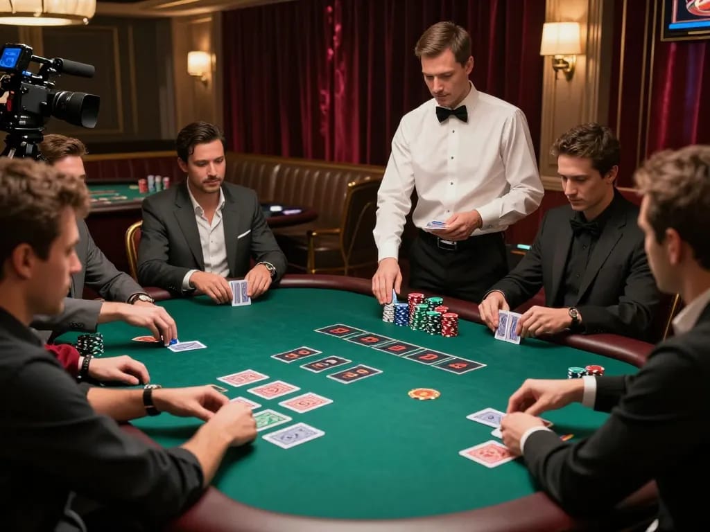 Players engaging in a strategic blackjack game at a luxury casino table, showcasing HM88 action in a vibrant environment.