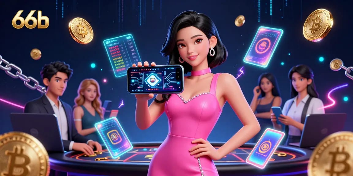 Play exciting live dealer games with 66b while exploring dynamic crypto elements in an animated illustration.