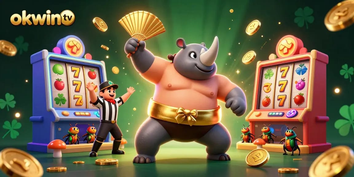 Engage with okwin tv slots in a vibrant 3D illustration featuring a dynamic sumo beetle scene.