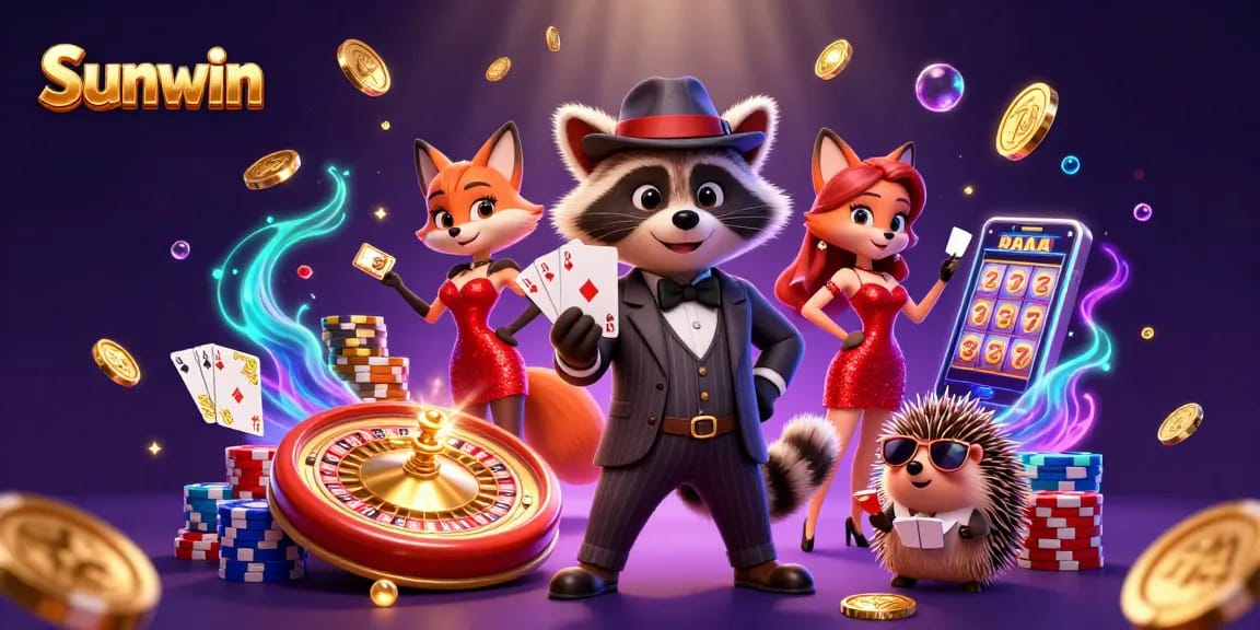 Sunwin showcases thrilling gameplay as a suave raccoon and beautiful fox enjoy casino fun.