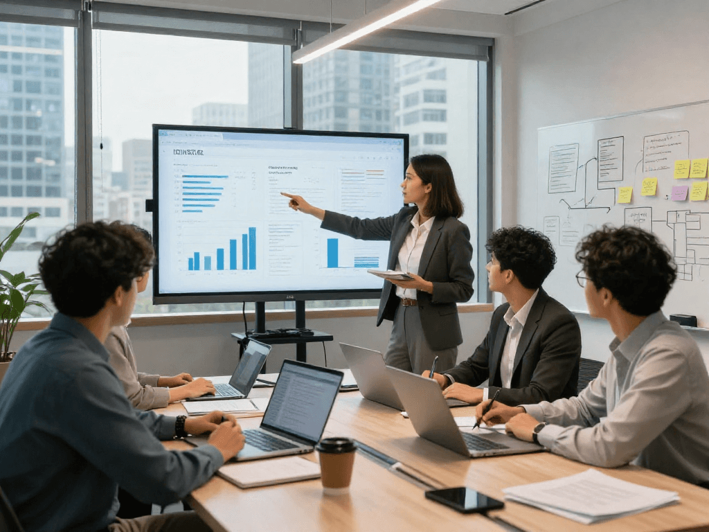 Team analyzing IDXSTAR performance metrics in a modern office