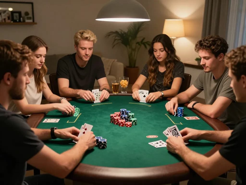 Watch friends enjoy a thrilling Texas Hold'em game at home with dash88 gaming strategy.