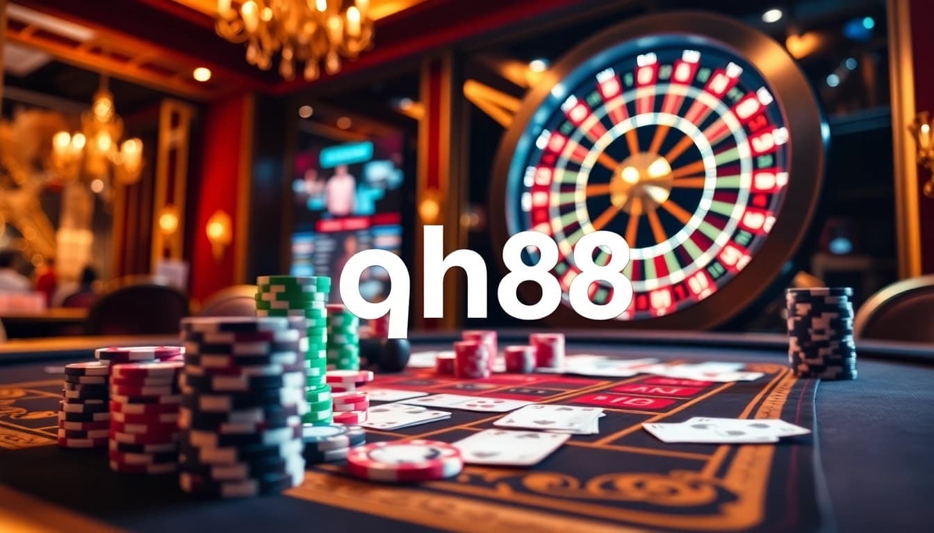 Engaging view of qh88 casino table filled with vibrant poker chips and cards amidst a luxurious atmosphere.
