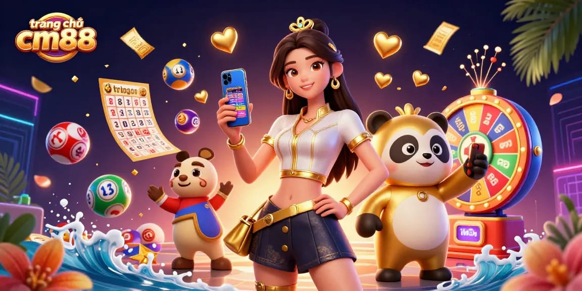 Engage in excitement at trang chủ cm88 with a vibrant 3D illustration showcasing casino games and fun.