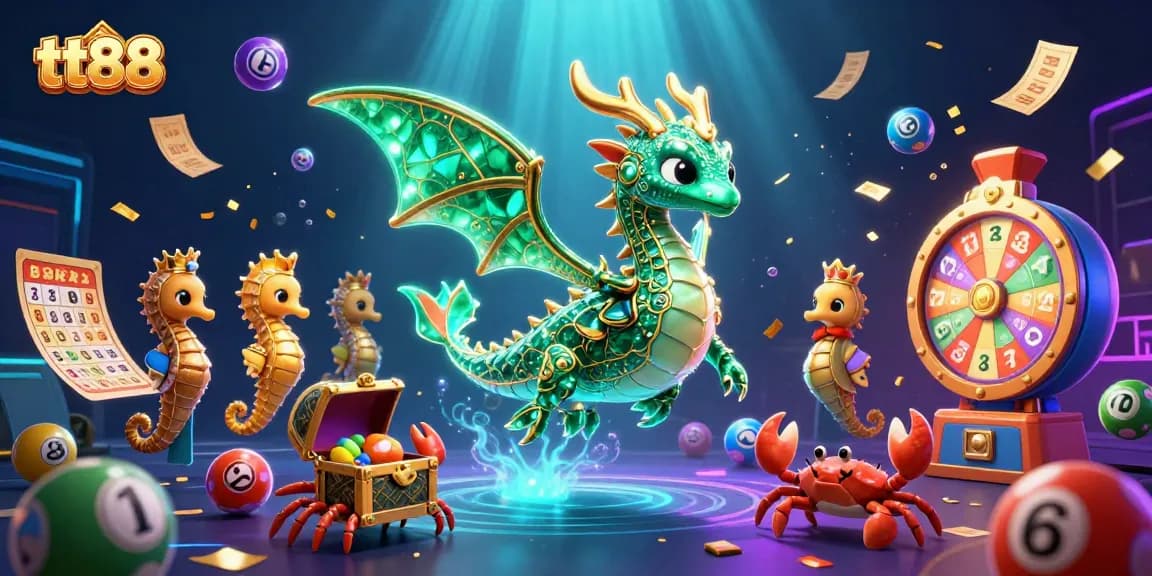 Experience the thrilling world of tt88 with an exciting underwater scene featuring a majestic sea dragon among lottery games and vibrant elements.