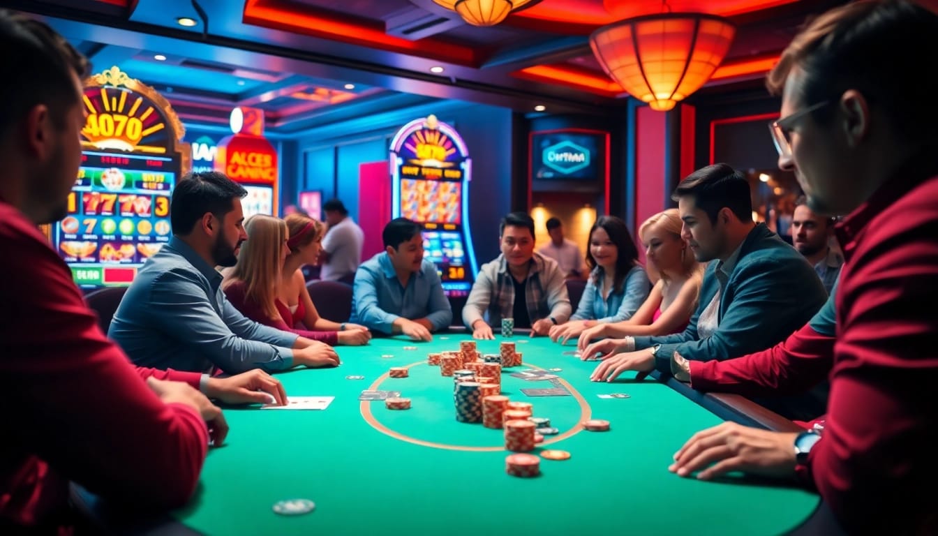 C168 game players enjoying a thrilling poker session in a lively casino atmosphere with vibrant colors.