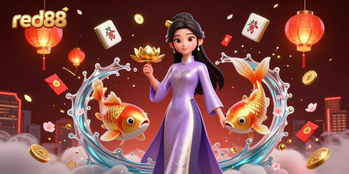 Experience thrilling action at red88 casino with vibrant 3D illustration of games and cultural elements.