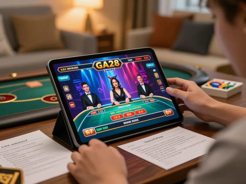 GA28 online player engaging in live casino gaming with tablet, showcasing dynamic gameplay.