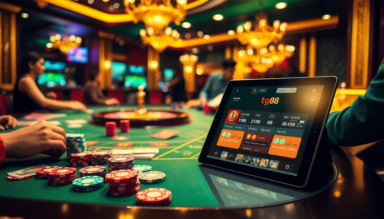 Experience excitement at tg88 with vibrant poker chips and a roulette wheel on display.