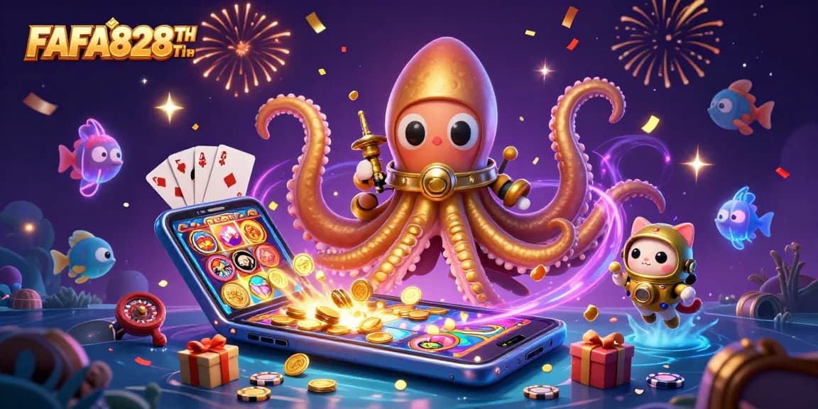 Experience FAFA828TH's thrilling slot adventure with a captivating kraken and diving cat.