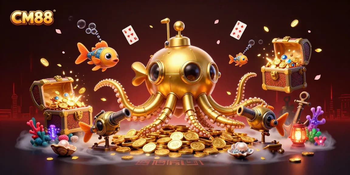 Experience the thrill of CM88 in a vibrant casino scene featuring a golden kraken submarine amidst gold coins.