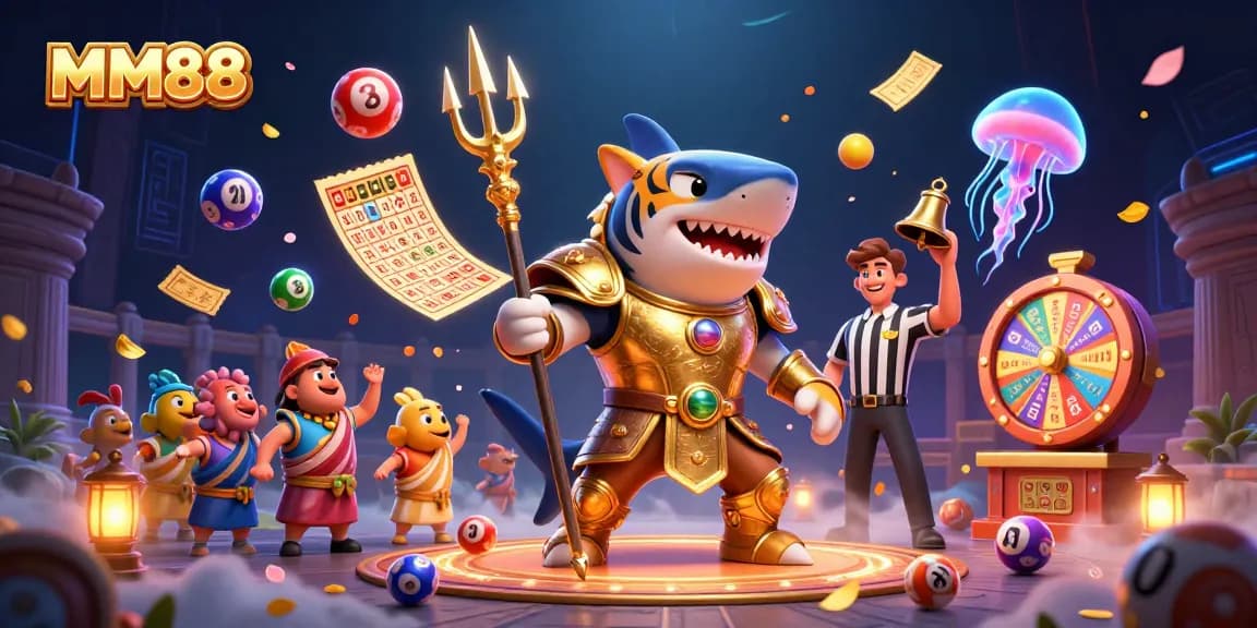 Engage in MM88 with vibrant lottery action featuring a golden shark and cheering fish in a dynamic casino scene.