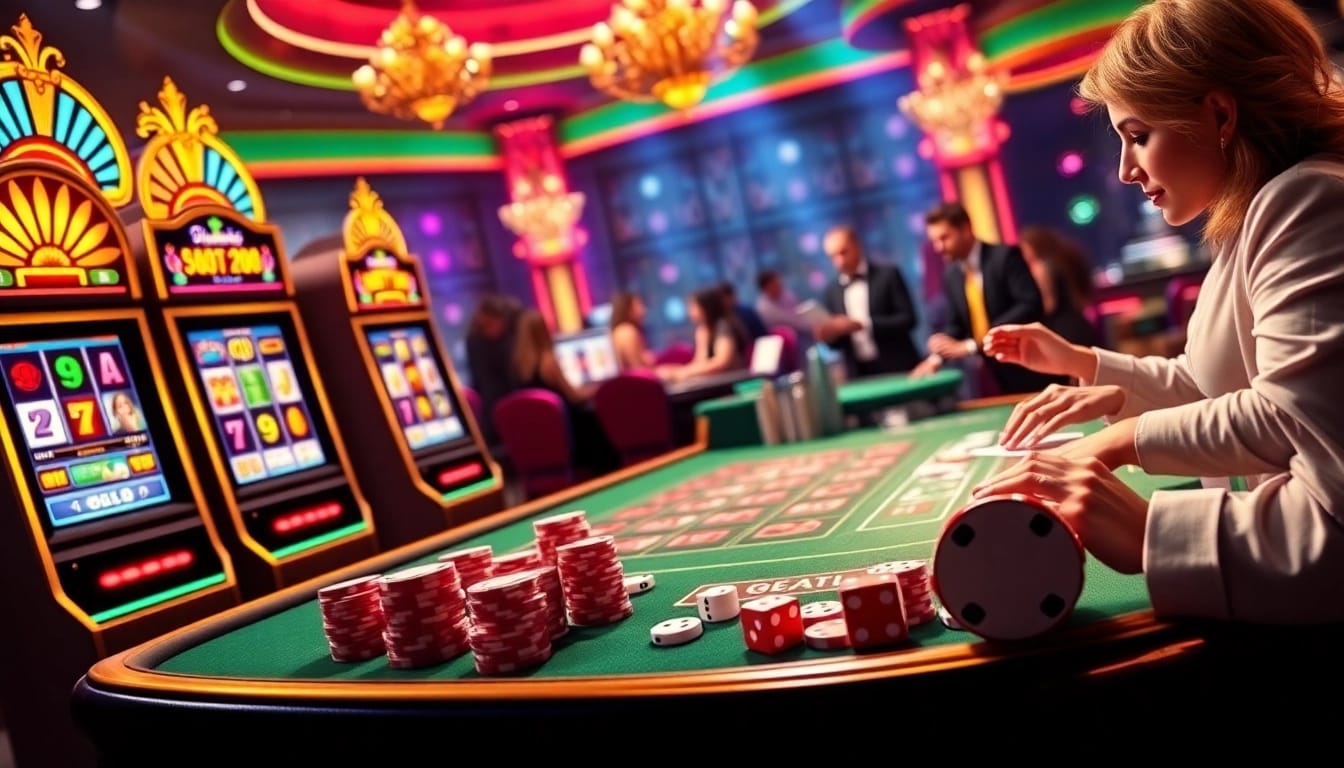 Experience the thrill of online gambling at https://slot365.cx/ with vibrant casino visuals showcasing slot machines and poker chips.