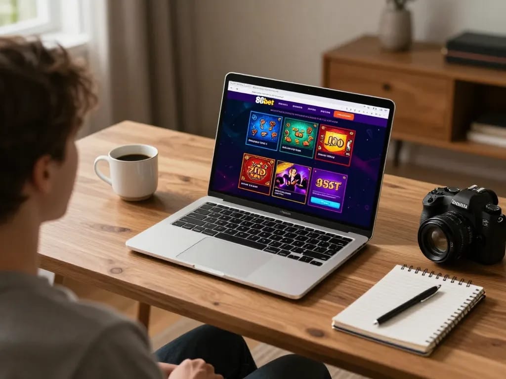 Engaging moment of a player navigating 86bet's online casino platform