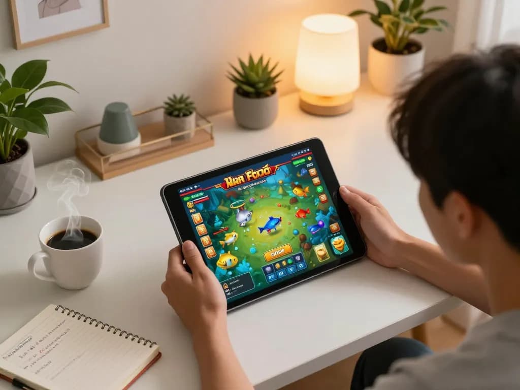 Bắn cá đổi thưởng gameplay session on tablet, featuring vibrant fish graphics in a cozy home atmosphere.