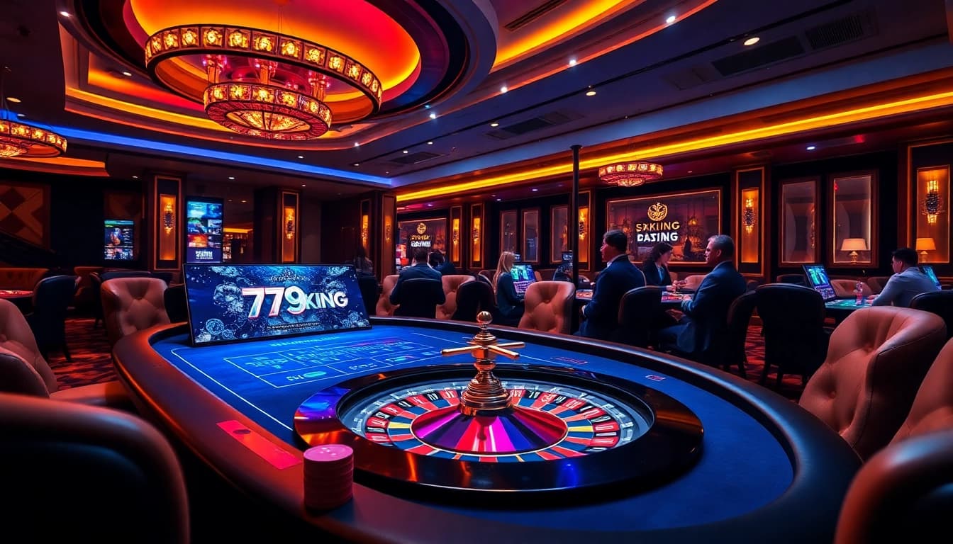 Players enjoying a thrilling game at 79KING casino, with poker chips and roulette wheel.