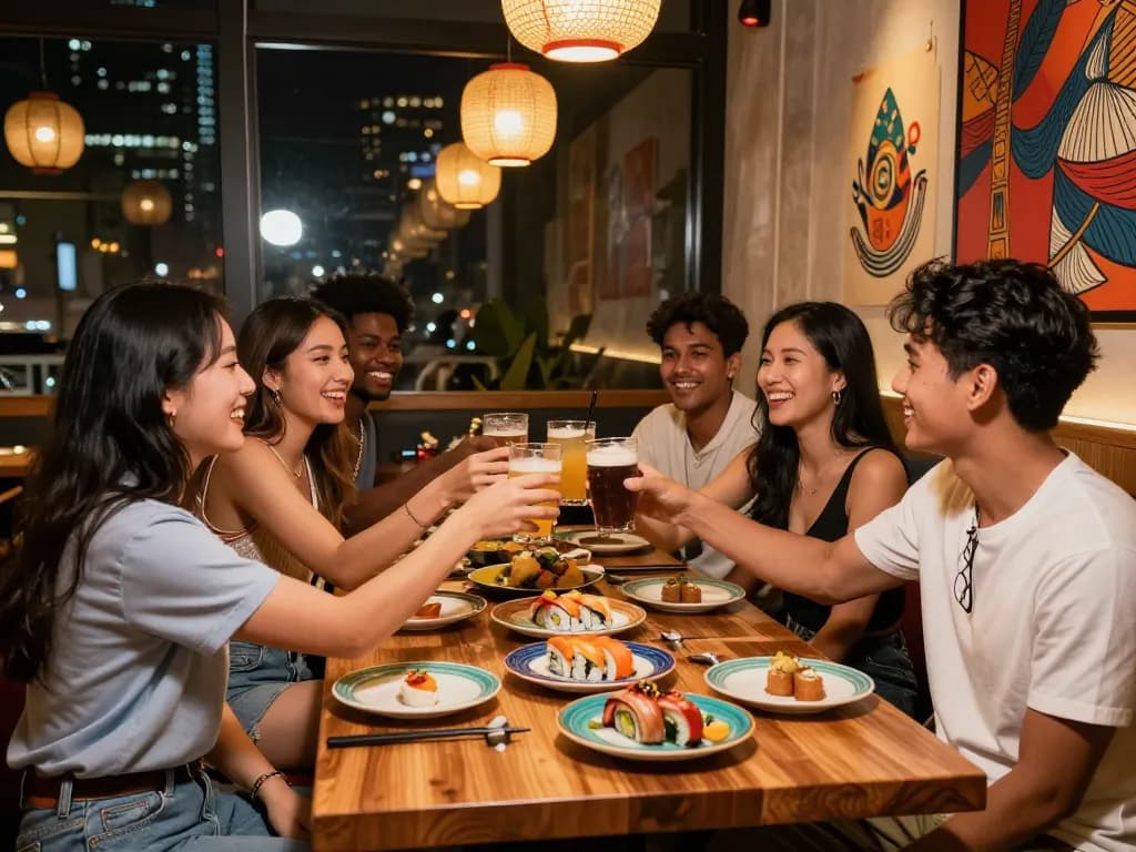 Group enjoying vibrant RED88 dining experience with sushi and cozy atmosphere