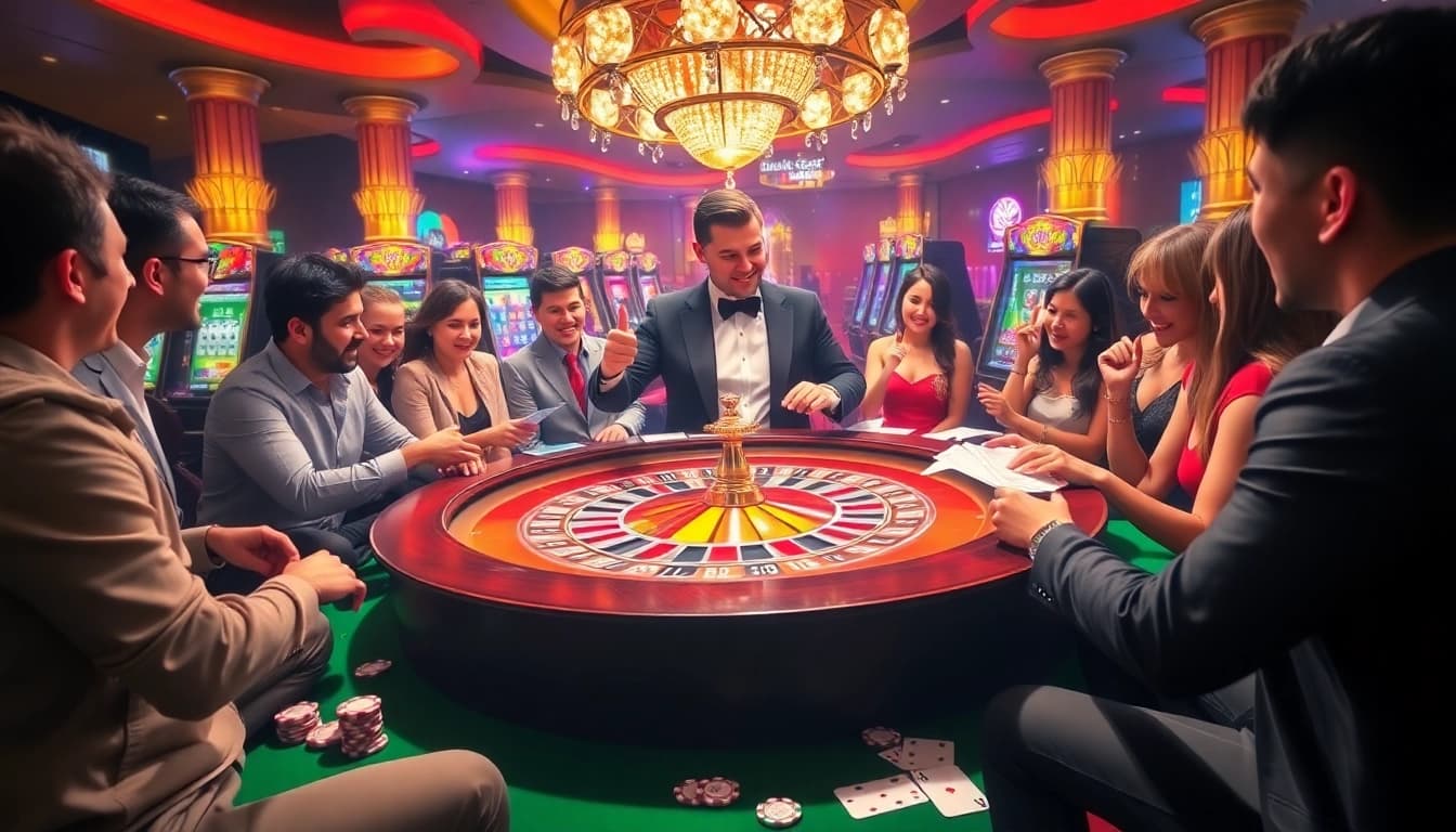 Players enjoying the thrilling experience at RR88 com casino, with roulette and vibrant slot machines.