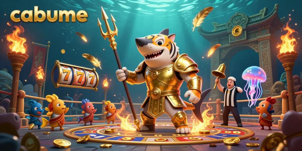 Cabume showcases thrilling slot gameplay with a shark gladiator in a vibrant underwater casino world.