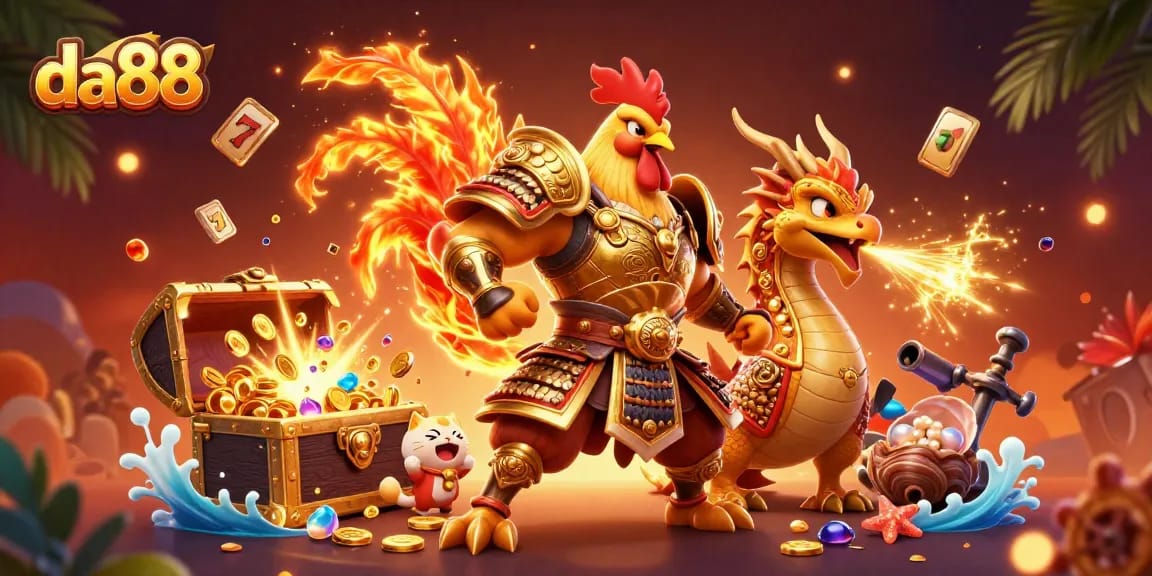 Experience thrilling action at da88 with a vibrant 3D scene featuring a rooster warrior and dragon hatchling.