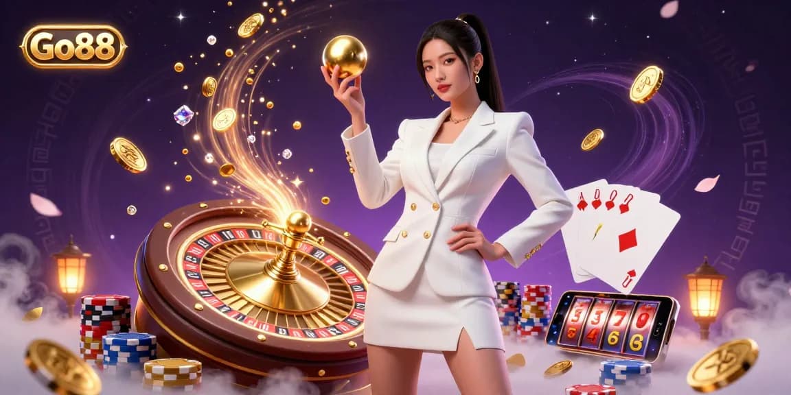 Experience Go88's premier gaming with a confident Asian woman surrounded by vibrant casino elements.