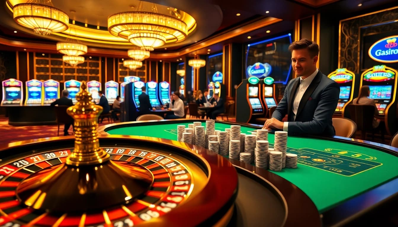 RR88 casino setting with vibrant roulette wheel and engaged players.