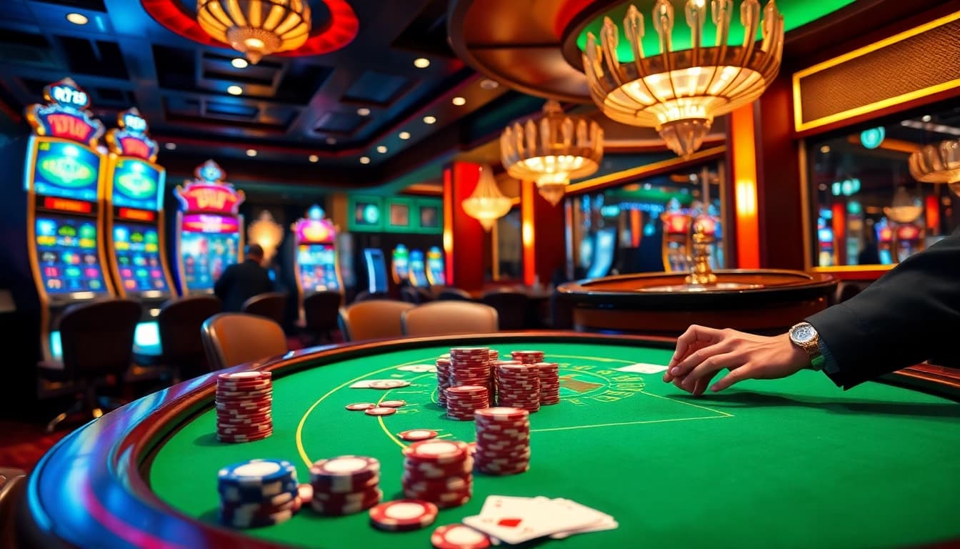Experience the thrill of RR99 with a vibrant casino scene featuring professional dealers and high-stakes gaming.