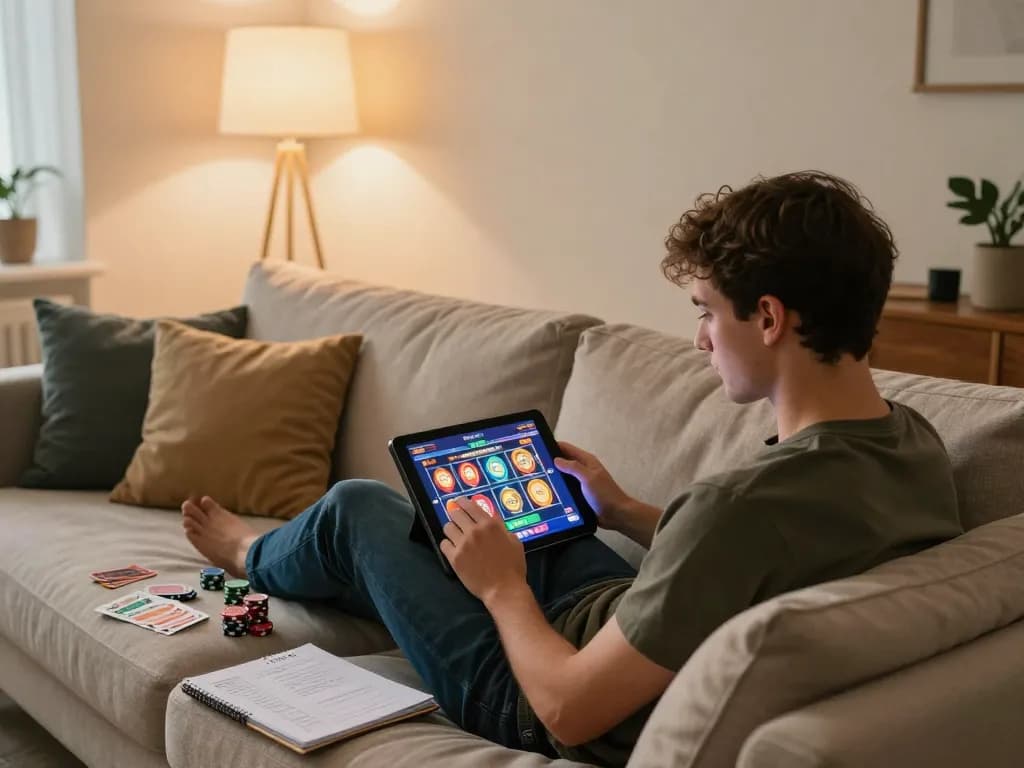 Player engaging with nhacaiuytinn on a tablet in a cozy home environment, showcasing online gaming.