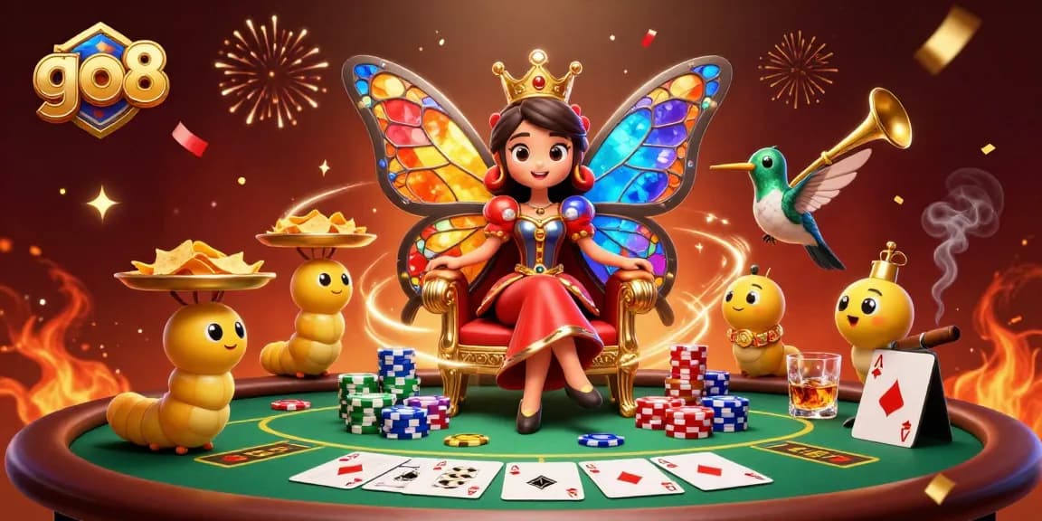 Engage in thrilling gameplay at go8 with a dazzling butterfly queen and vibrant casino elements.