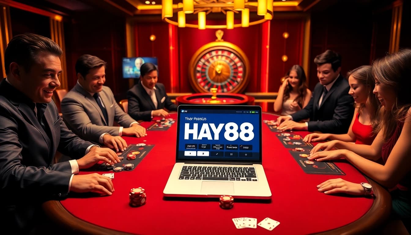 Exciting gambling at a high-stakes poker table inspired by https://hay88-teamala.us.com/ with vibrant chips and cards.