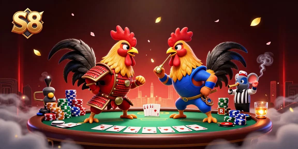 S8's epic showdown with dynamic fighting roosters and poker elements highlights thrilling online gaming.