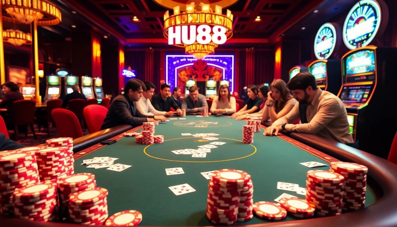 Engage with HU88 casino excitement at a high-stakes poker table adorned with vibrant chips and cards.