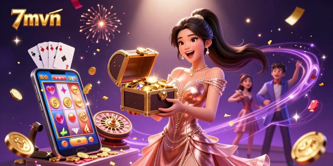 Engage with 7mvn's thrilling casino experience showcasing an Asian woman revealing treasures of golden coins and flashing games.
