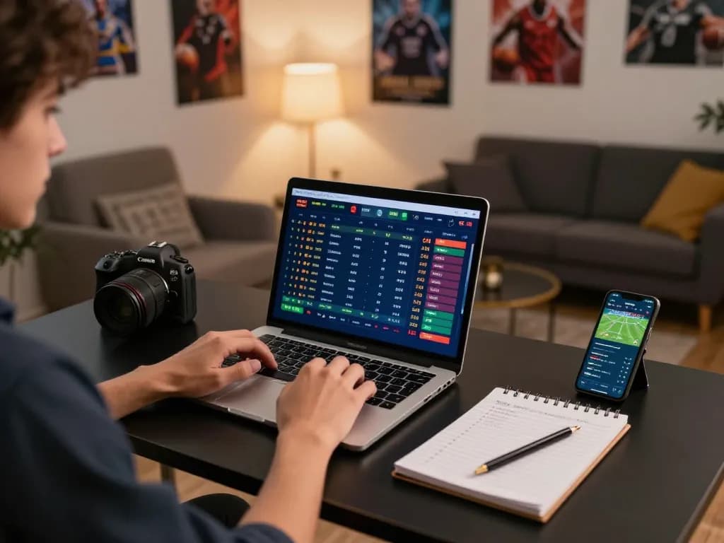 Bongdalu sports betting scene with an engaged player analyzing live betting odds on a laptop.